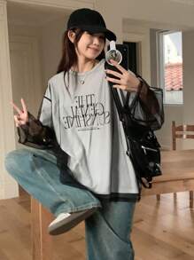 DAZY Women's Slogan Printed Loose Fit Round Neck Mesh Splice T-Shirt - Dark Grey - View 7