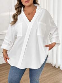 SHEIN CURVE+ Plus Size Casual Commuter Solid Color Wrap Loose Shirt - White - View 3