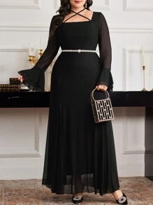 Modelyn 大码女式阿拉伯风格纯色网眼撞色长袖休闲连衣裙