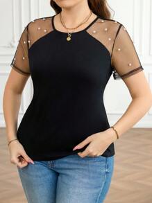 SHEIN Clasi Plus Size Beaded Decor Mesh Patchwork T-shirt met korte mouwen