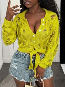 BamGleam Cardigan con botones y cierre de lazada con diseño hueco para mujeres