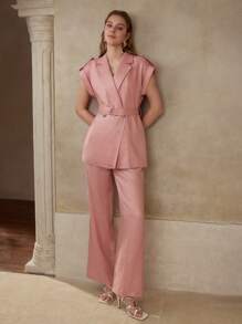 MOTF PREMIUM LINEN PRESS CREASE WIDE LEG SUIT PANTS - Pink - View 2