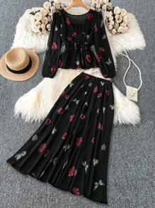SHEIN VCAY Große Größen Valentinstag Set aus schwarzer Chiffon Herz Muster Bluse mit elastischer Taille und A-Linien Laternärmel und weitem A-Linien Rock, romantisch für Datenight