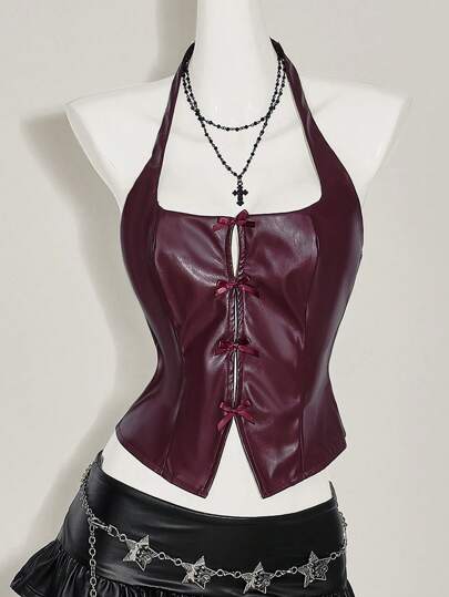 SHEIN ICON Women's Solid Color Burgundy Red Bow Decor Fashion PU Leather Halter Neck Camisole