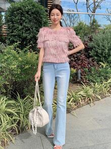 DAZY Textured Round Neck Puff Sleeve Button-Up Women Casual Shirt - Pink - View 6