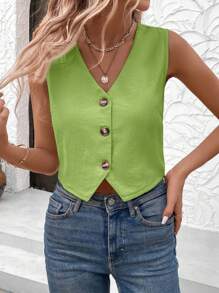 SHEIN LUNE Boho Women Clothing  Women Single-Breasted Casual Office Lady Vest Shirt - Green - View 8