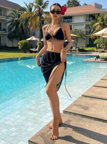 DAZY Women's Solid Color Side Drawstring Slit Hem Beach Cover Up Skirt, For Summer Vacation - Black - View 2