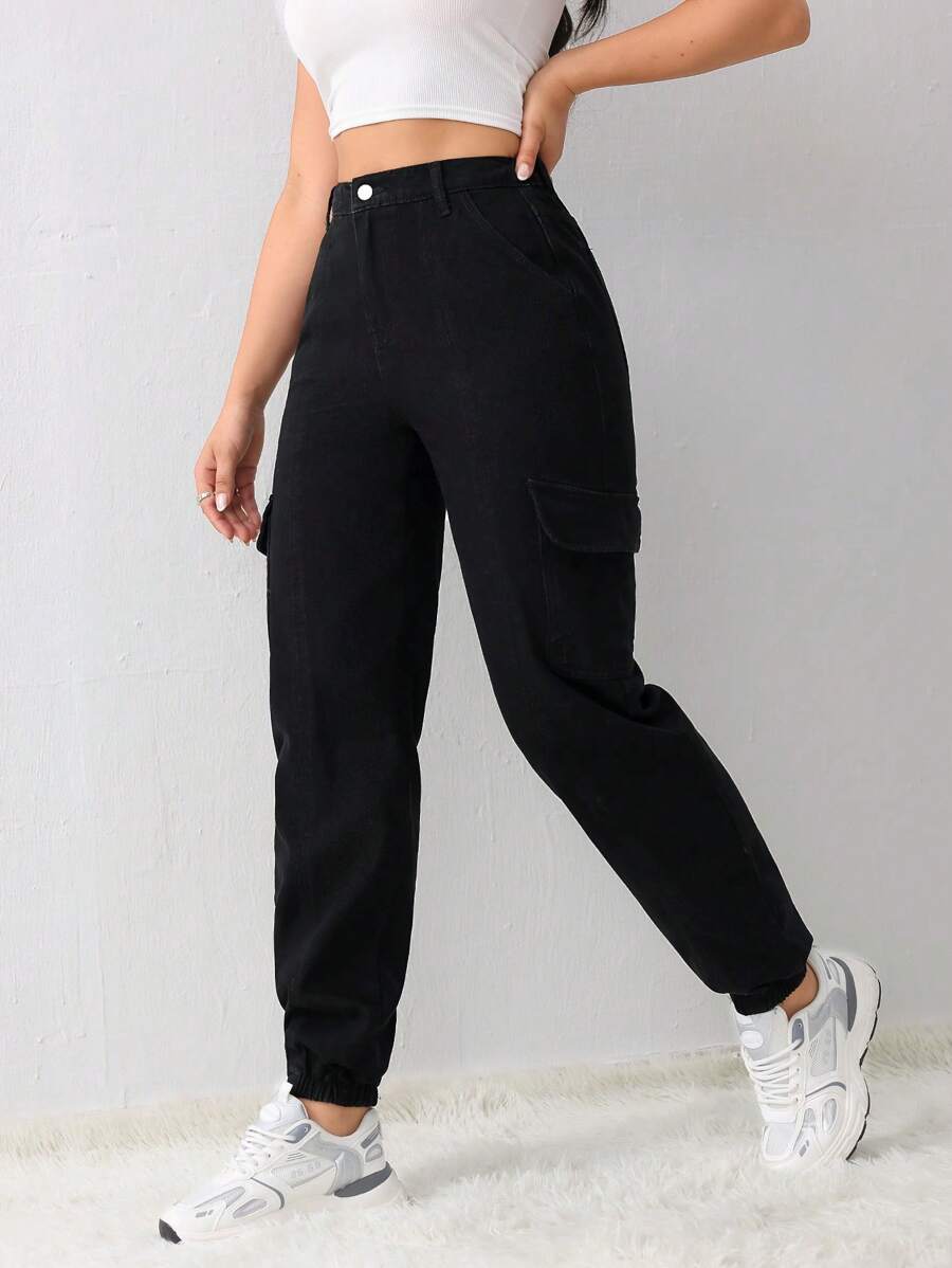 SHEIN Tall 女士牛仔裤 休闲性感卷边裤 黑色牛仔裤 冬季牛仔裤 牛仔裤 女士牛仔裤 牛仔裤工装裤 女士裤子 黑色牛仔裤 运动裤