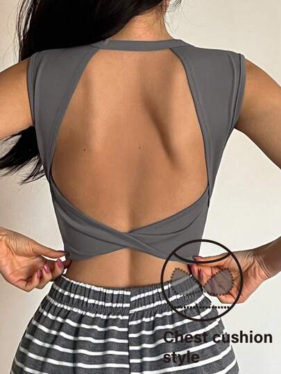 DAZY ملابس علوية منزلية نسائية ذات لون أحادي مقصوصة الظهر ومحززة