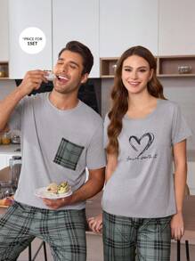 男士格子印花短袖睡衣套装（配长裤）