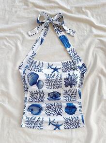 Soleia 女士度假挂脖式编织白色海景印花褶饰吊带背心 - 藍白色 - 查看 2