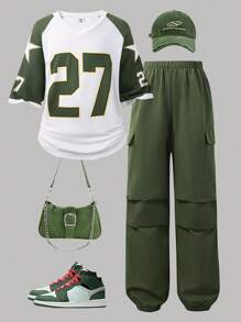 2pcs/Set Tween Girl Street Fashion Athletic Jersey With Number Print Raglan Sleeve Oversized T-Shirt And Solid Color Cargo Pants Set