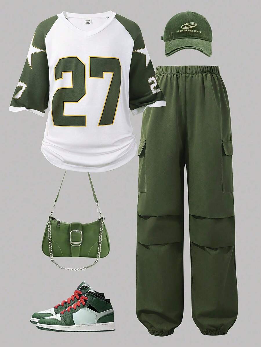 2pcs/Set Tween Girl Street Fashion Athletic Jersey With Number Print Raglan Sleeve Oversized T-Shirt And Solid Color Cargo Pants Set