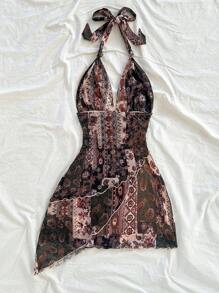 Soleia 花卉和佩斯利图案吊带 V 领系带透明褶皱浪漫度假迷你连衣裙，适合音乐节、波西米亚风、节日约会、下午茶 - 彩色 - 查看 2