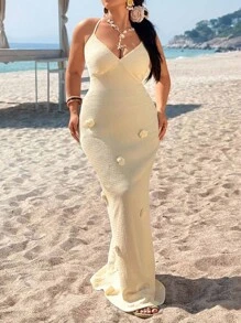 SHEIN VCAY Váy bó sát hở lưng cỡ lớn có họa tiết hoa - Màu be - Xem 7