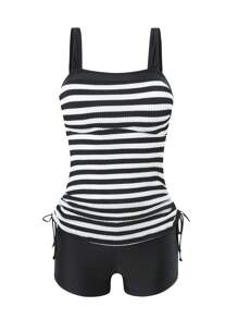 Swim Lushoire 2 件套成熟女士条纹特殊面料宽肩带褶皱下摆比基尼套装，适合夏季海滩度假 - 黑與白 - 查看 8