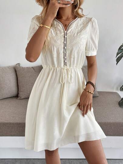 SHEIN LUNE Women's V-Neck Embroidered Puff Sleeve Apricot Color Dress