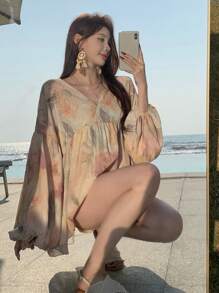 DAZY 女士印花宽松圆领长袖休闲夏季衬衫，荷叶边度假装 - 粉色 - 查看 7