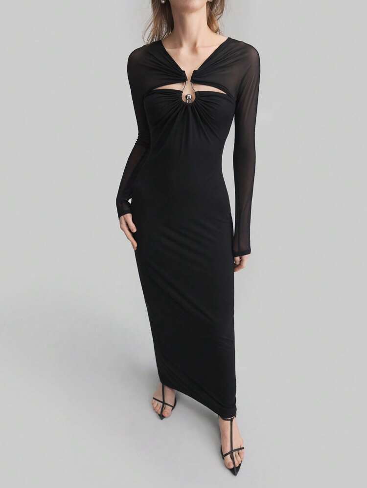 Women's Sleeveless Hollow Out Belted Dress, Elegant Comfortable Slim Fit Simple Urban Design Black Dress