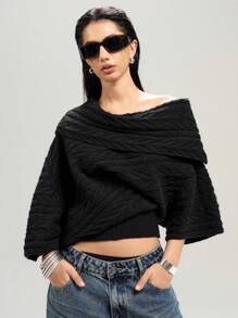 LYSMO Women Solid Color Pleated Loose Asymmetrical Knitted Sweater - Black - View 4