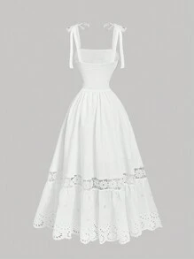 SHEIN MOD White Hollow Embroidered Tie Bow Ruffle Hem Maxi Skirt, Boho Style, Western Vibe, Holiday, Picnic, Beach,Valentines Clothes,Vacation Outfits Woman,Summer Outfits For Women,Beach Outfits For Woman,Mardi Gras,Valentines Dress,Rave Outfits Festival - White - View 8