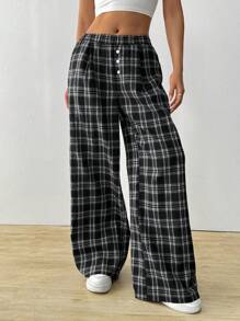 Comfortcana Women's Button-Decorated Plaid Loose Wide-Leg Pants - Black - View 1