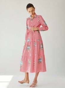 Aveloria Modichic Women Floral & Striped Print Ruffled Hem Long Sleeve Dress - Red - View 3