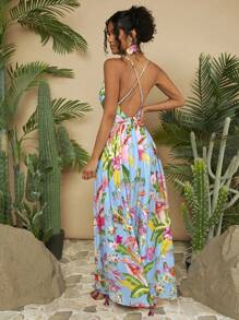Travachic Vacation Style Women's Plant Printed Spaghetti Strap Dress