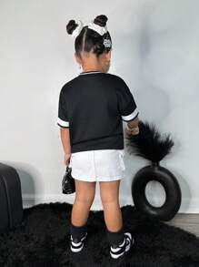 Blusa de punto holgada de manga corta con cuello en V, estilo casual de moda callejera para niña, primavera/verano - Negro - Ver 5