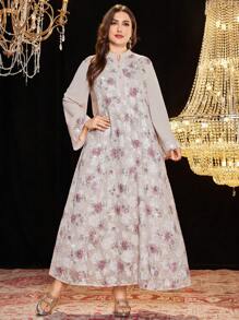 Al Najma Women's Plus Size Stand Collar Flare Sleeve Loose Sequins Chiffon Embroidered Floral Elegant Romantic Sophisticated Dress
