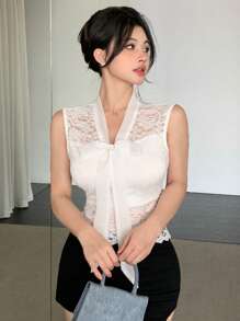 DAZY 女士蕾丝领结衬衫 - 米色 - 查看 3