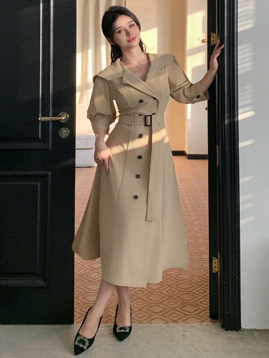 DAZY 女士长款风衣风格收腰中长连衣裙 - 卡其色 - 查看 1