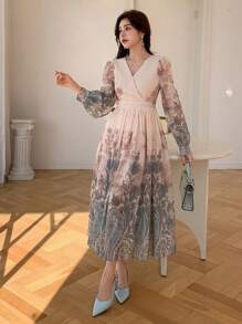 DAZY Đầm dài đến đầu gối in hoa, cổ vuông, dành cho nữ, thanh lịch, xếp nếp, thích hợp cho đám cưới, mùa thu, tay dài, lễ Phục sinh. - Hồng - Xem 4