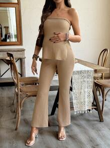 SHEIN Maternity Side Slit Bandeau Top And Pants 2 Pieces Set - Khaki - View 4