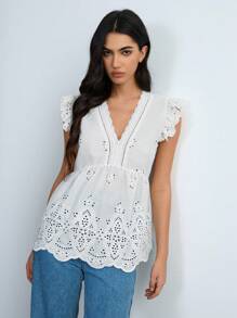 SHEIN Unity 女士刺绣蕾丝拼接下摆假日休闲衬衫，春夏 - 白色 - 查看 3
