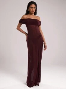 SHEIN BAE Vestido largo de gasa con hombros descubiertos y abertura lateral transparente, para conjunto de verano de playa, vacaciones, vestidos de verano para mujer, ropa de playa, vestidos de playa para mujeres, conjuntos de 2 piezas, ropa occidental para mujer, cubiertas de playa occidentales para trajes de baño, vestidos largos para mujeres