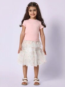 SUMWON Girls Summer Floral Tutu Set Baby Tee Mesh Skirt Outfit Daisy Print Easter Spring Party Special Occasion Tea Party Dress Set Ballet Dance - Pink - View 1