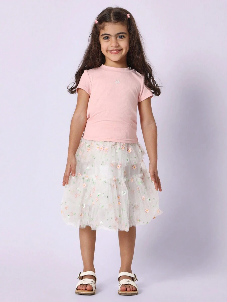SUMWON Girls Summer Floral Tutu Set Baby Tee Mesh Skirt Outfit Daisy Print Easter Spring Party Special Occasion Tea Party Dress Set Ballet Dance - Pink - View 1