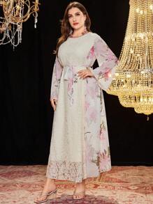 Modelyn Vestido de gasa y encaje con parches florales, elegante y grácil, para tallas grandes