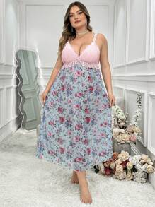 Vestido tipo funda escote profundo en V con malla estampada y ribete de encaje en tallas grandes
