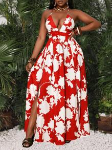 Slaydiva 夏季度假薄吊带露背绑带A字下摆长裙红色植物全身印花淑女连衣裙