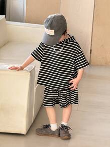 SHEIN Leap Crew 2 Packs Young Boys Casual Sports College Artistic Style Retro Japanese And Korean Loose Version With Hooded Striped Short-Sleeved And Shorts Suit Suitable For Kids Outfits Young Boy Clothes Back To School Boys Set Suitable For Birthday Parties, Evening Parties, Performances, Weddings, Baptisms, Opening Ceremonies Daily Suitable For Daily Use Suitable For School Suitable For Travel Suitable For Sports Suitable For Spring And Summer Seasons - Black and White - View 1