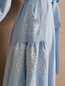 Anewsta Embroidered Loose Lace-Up Tassels Design Hollow Out Maxi Dress, Boho Spring Outfits For Women - Blue - View 3