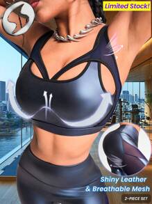 Innovista Women's 2 Pieces Shiny Leather Active Set: Breathable Mesh Cutout Workout Set For Women Gala Night