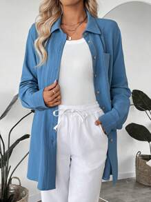 EMERY ROSE Women's Plain Color Long Sleeve Single Breasted Pocket Casual Shirt