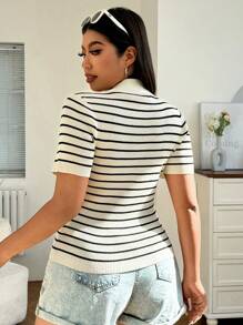 Solflare Women Striped Collared Cardigan Short Sleeve Jacket Winter Fall Autumn - Multicolor - View 2