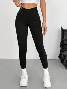 Comfortcana Women Solid Color High Waist Mesh Splice Leggings - Black - View 5