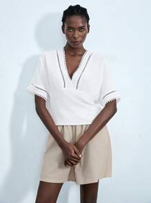 Lumivelle Women's Solid Color Contrast Lace Batwing Short Sleeve Casual Shirt