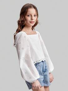 Ontre Tween Girl 复古花卉方领泡泡袖刺绣可爱蝴蝶结镂空短款上衣，休闲套头衬衫，适合夏季和春季 - 白色 - 查看 6