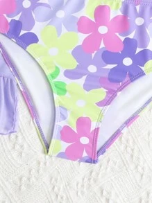 Conjunto de traje de baño para niñas preadolescentes con bikini con estampado floral, bata y minifalda